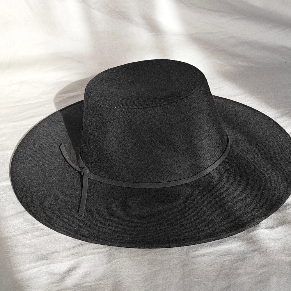 Anthropologie Hat Attack Black Wool Felt Wide Brim Hat Flat Crown Made in USA